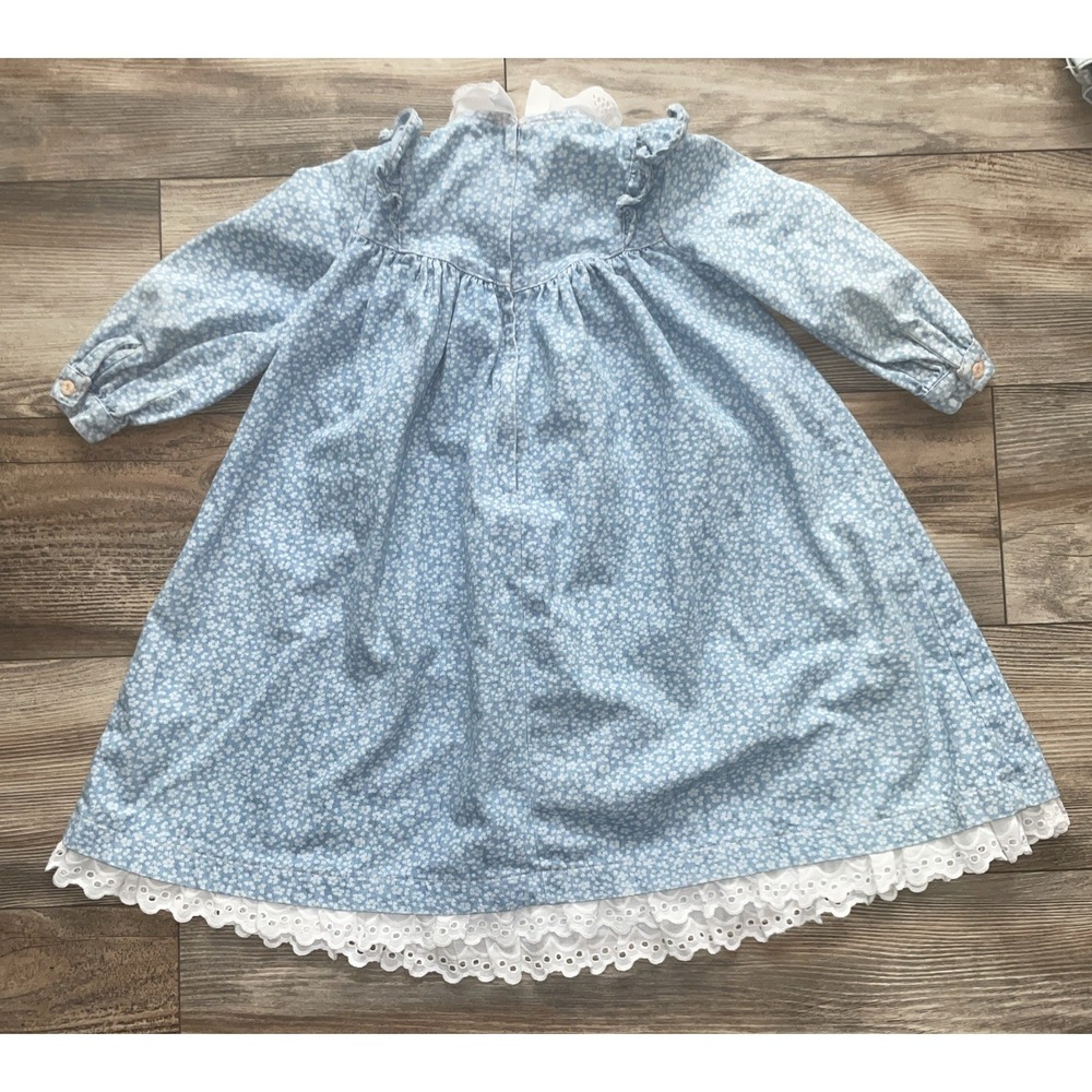 Vintage 1980s Toddler Girl 4 Blue Ditzy Floral Cotton Lace Collar Easter Outfit - Picture 7 of 8